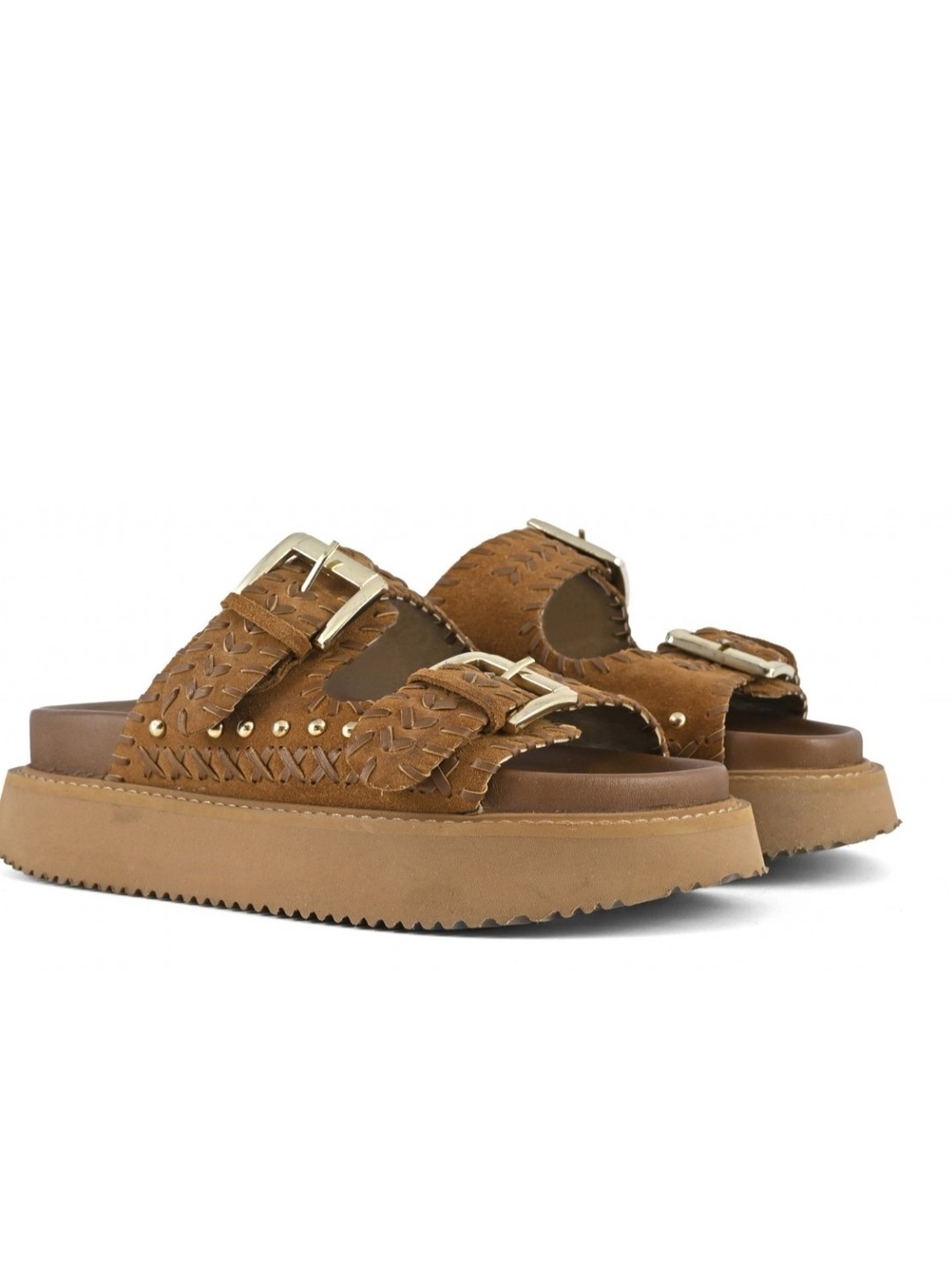 Tan Suede/Leather Double-Buckle Slide Sandals